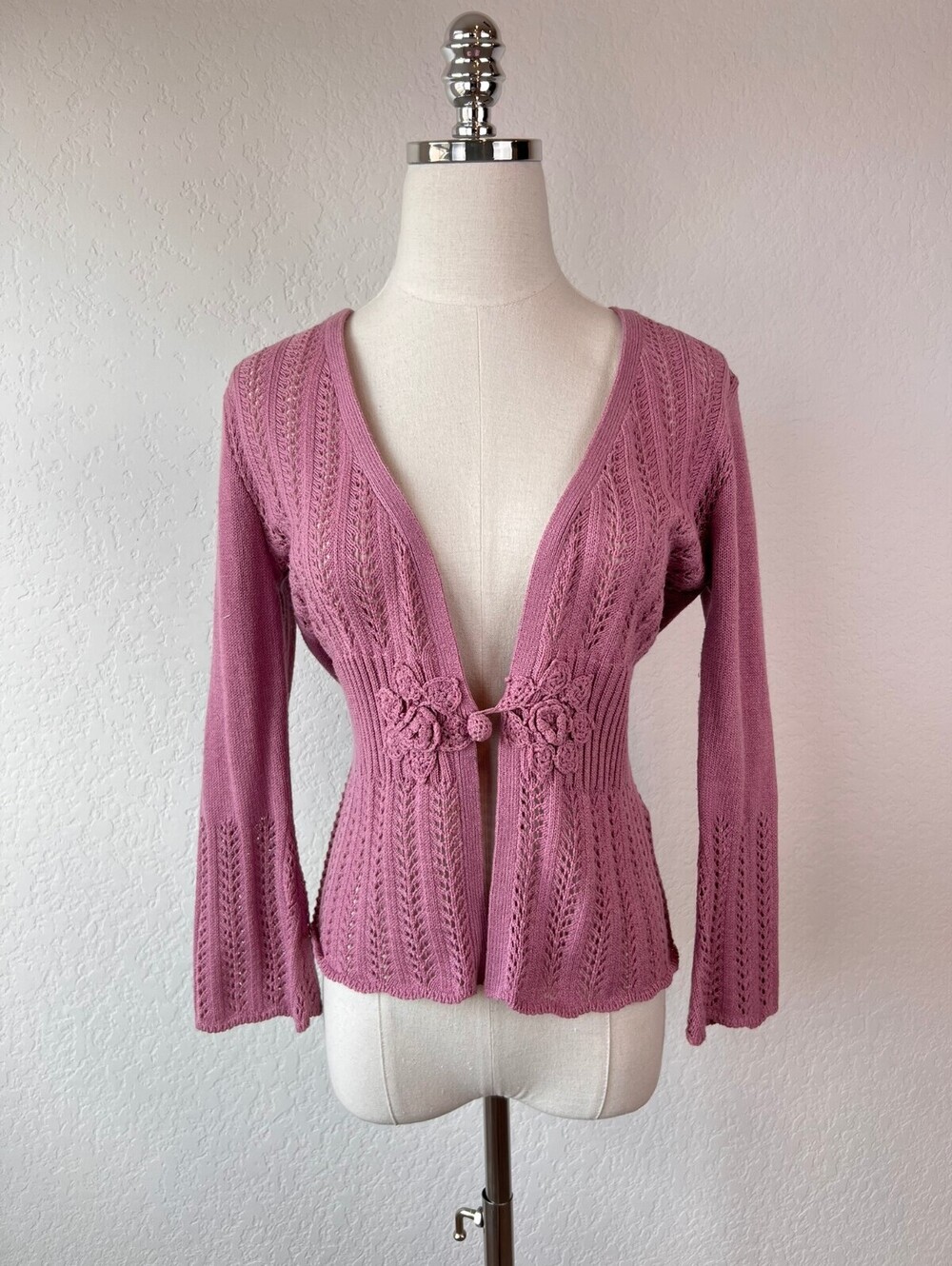 Vintage Y2K Knit Floral Fairycore Whimsy Purple Cardigan Sweater size XS Dainty